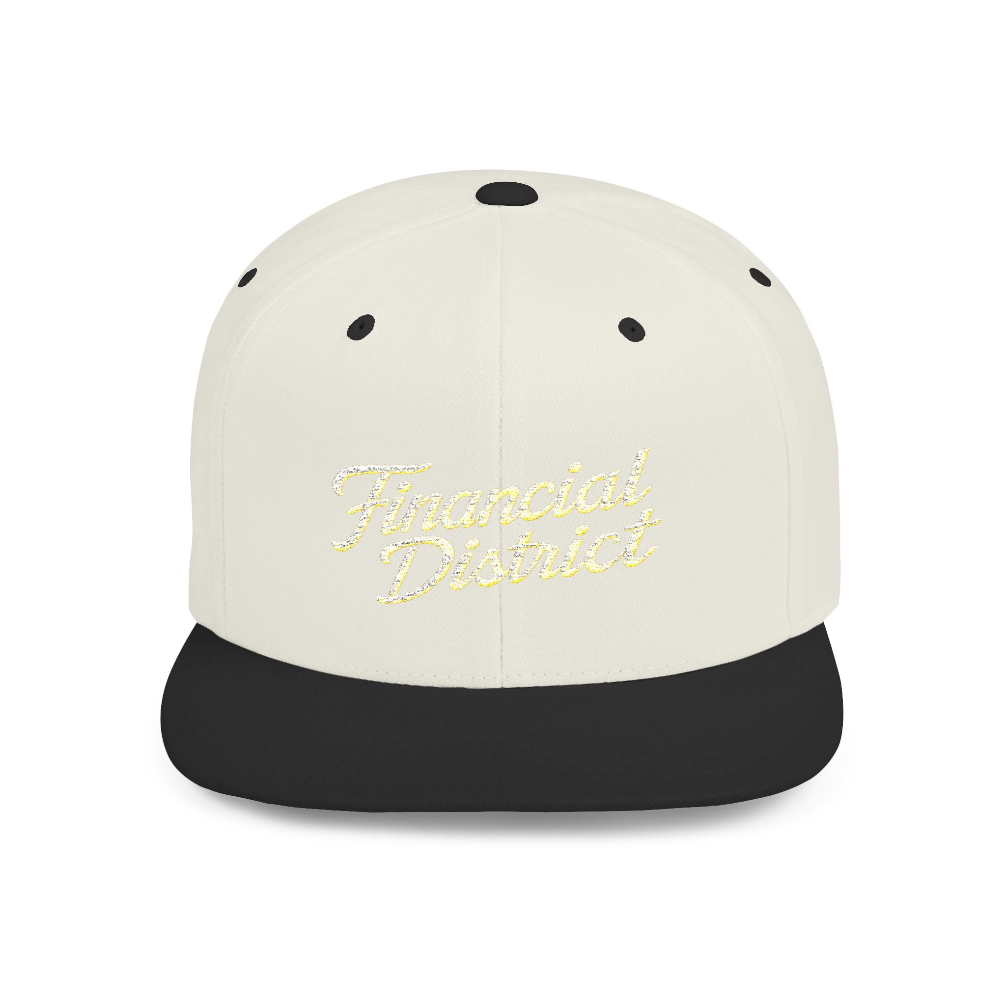 Flat Bill Snapback Hat — "Financial District" Script Embroidered Cap