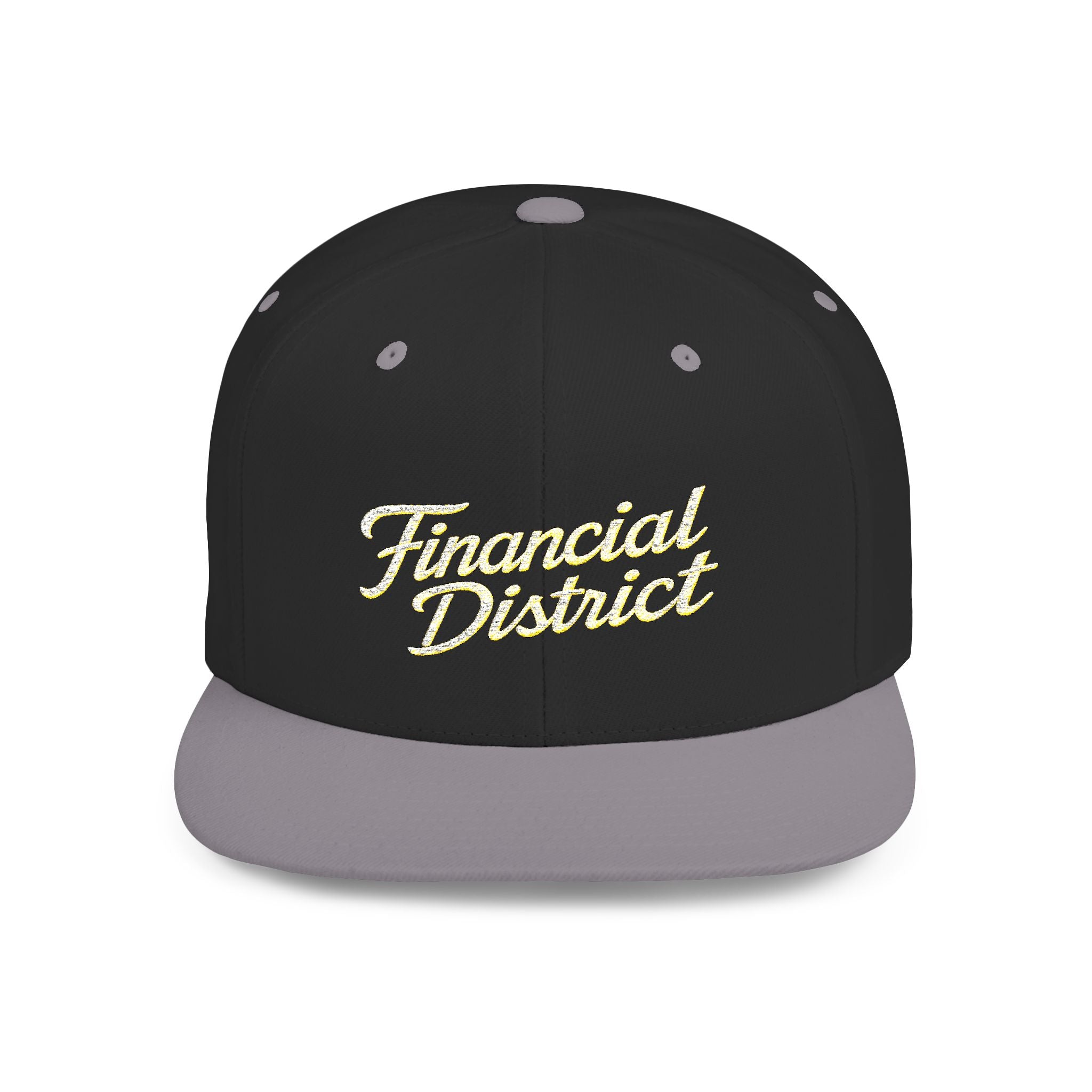 Flat Bill Snapback Hat — "Financial District" Script Embroidered Cap