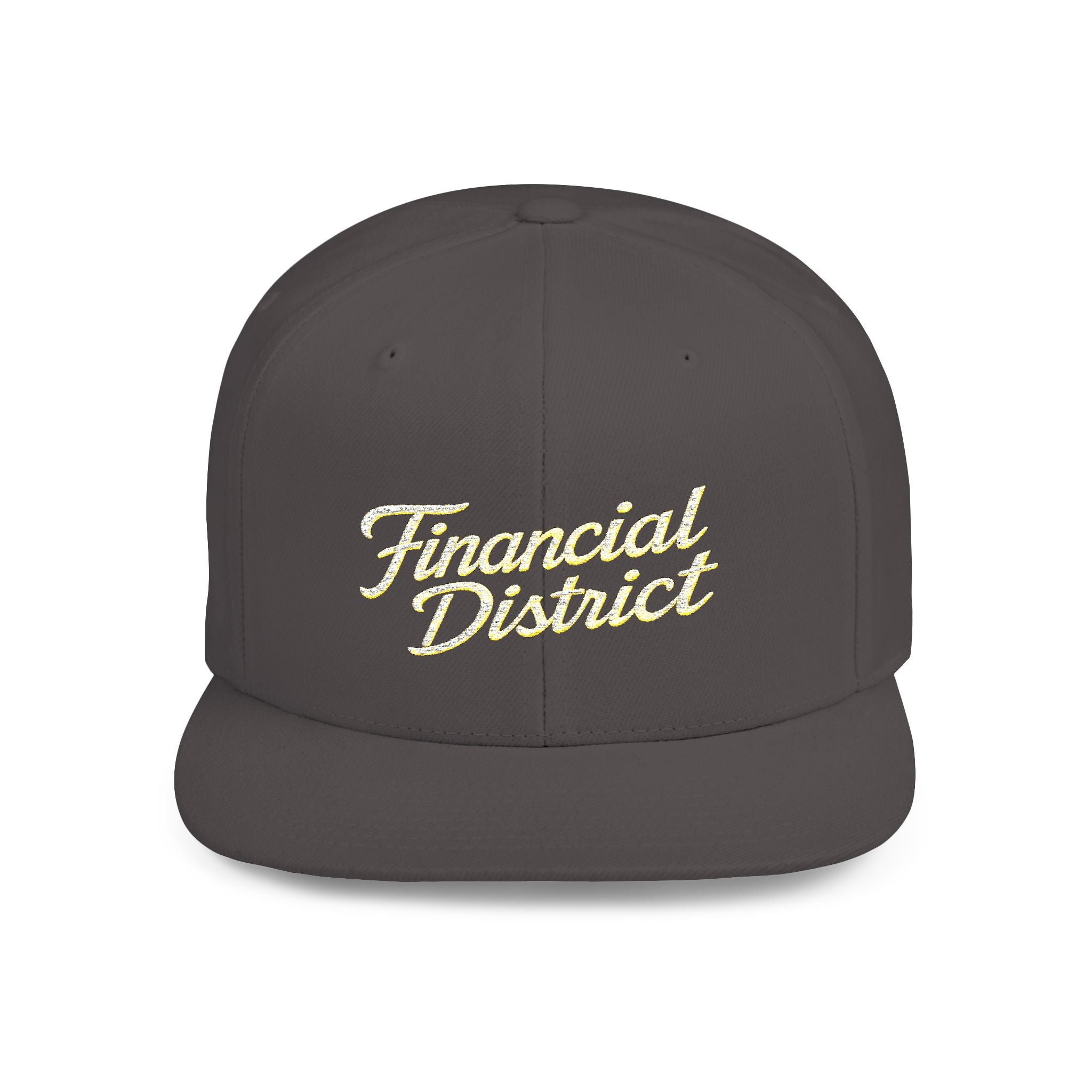 Flat Bill Snapback Hat — "Financial District" Script Embroidered Cap