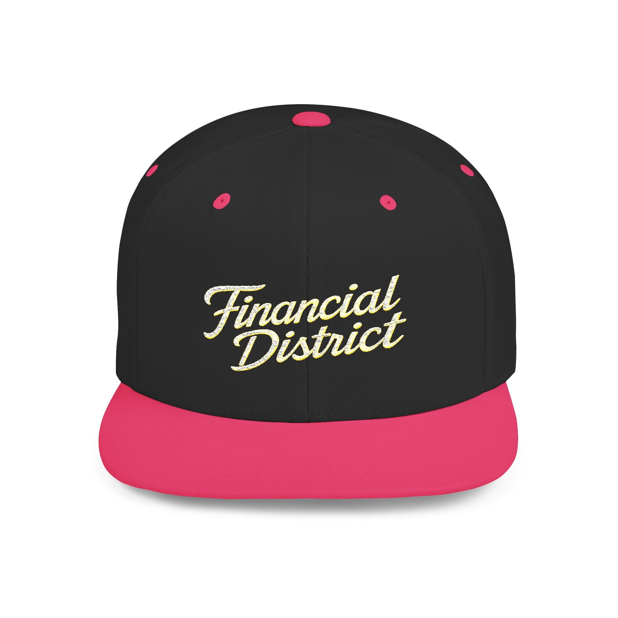 Flat Bill Snapback Hat — "Financial District" Script Embroidered Cap