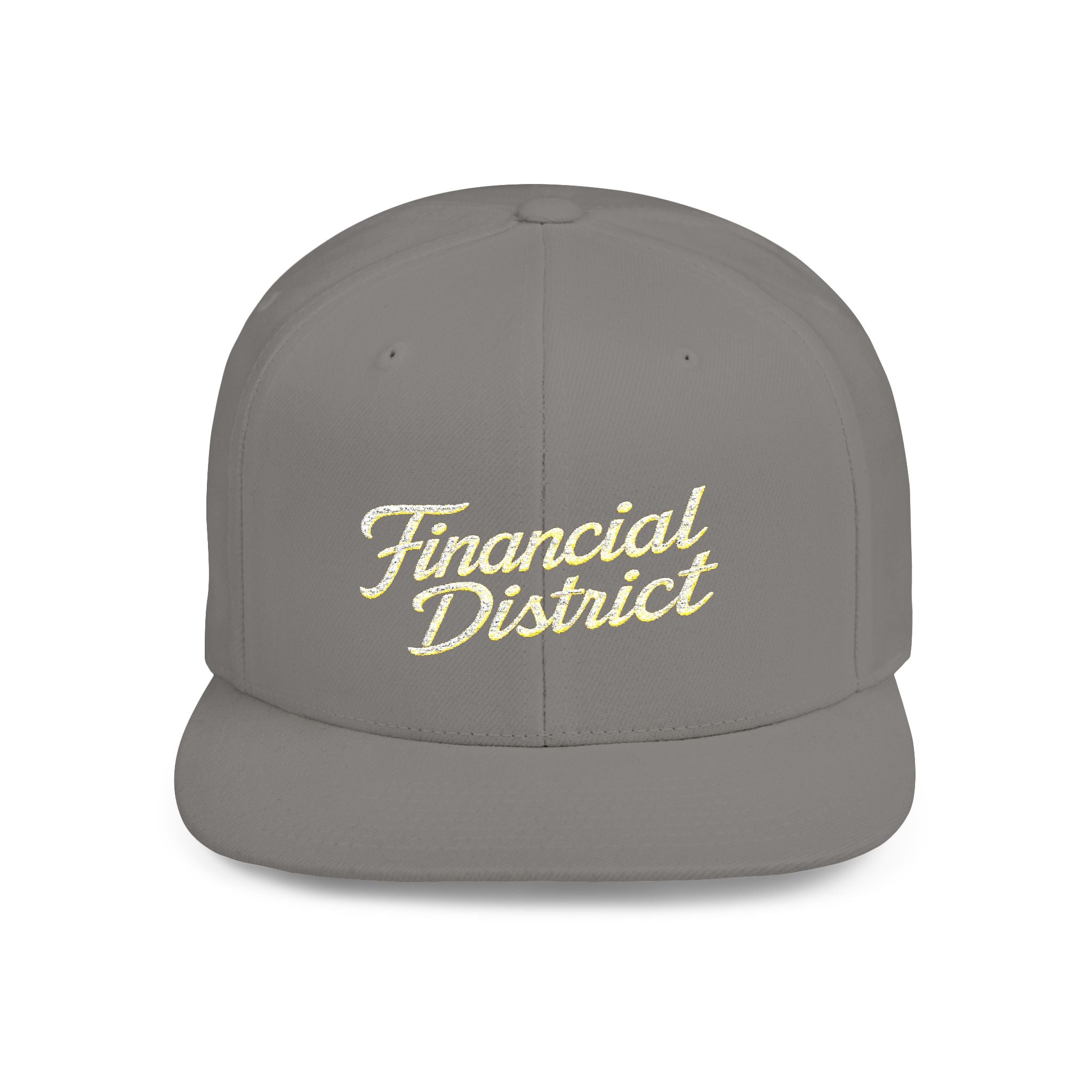 Flat Bill Snapback Hat — "Financial District" Script Embroidered Cap
