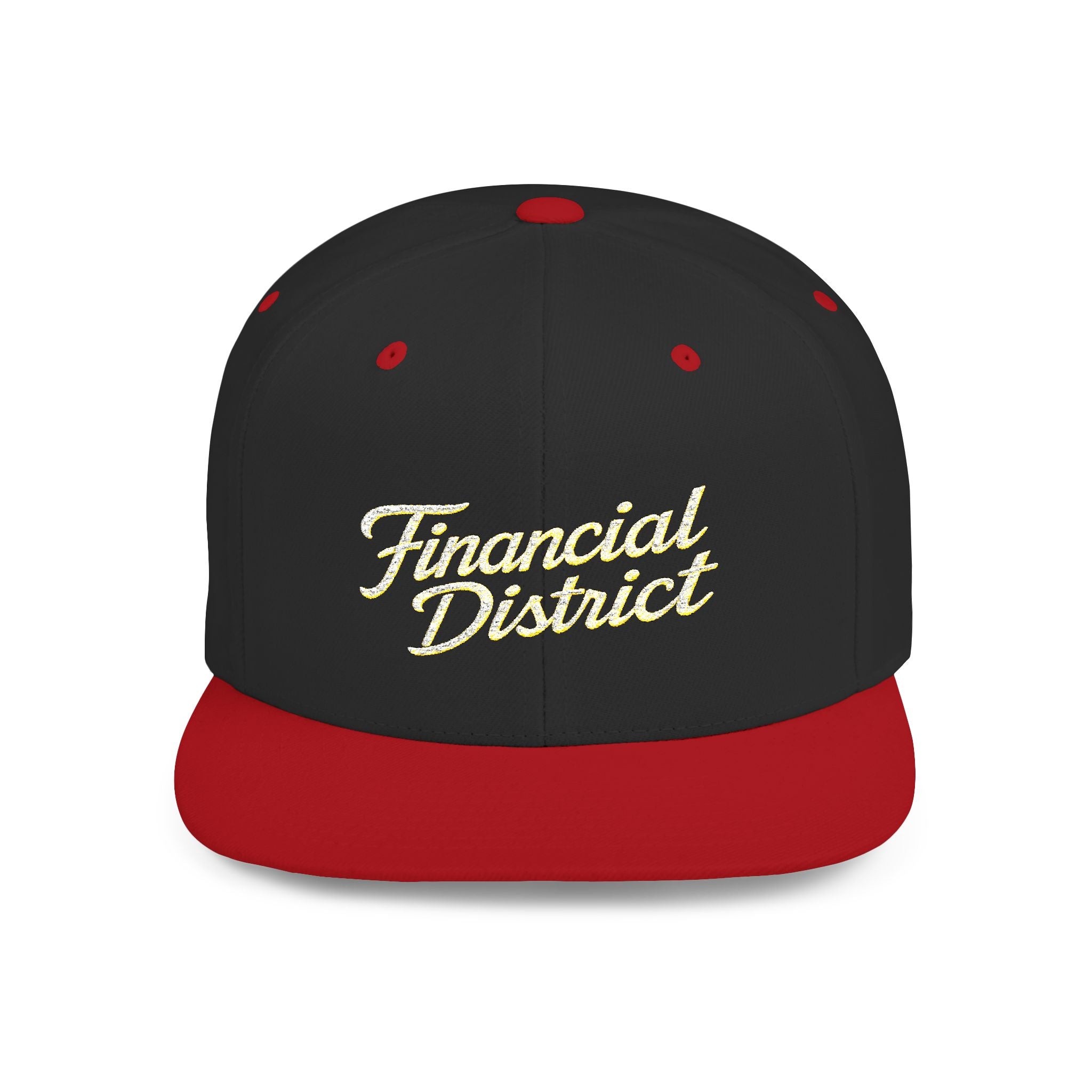 Flat Bill Snapback Hat — "Financial District" Script Embroidered Cap