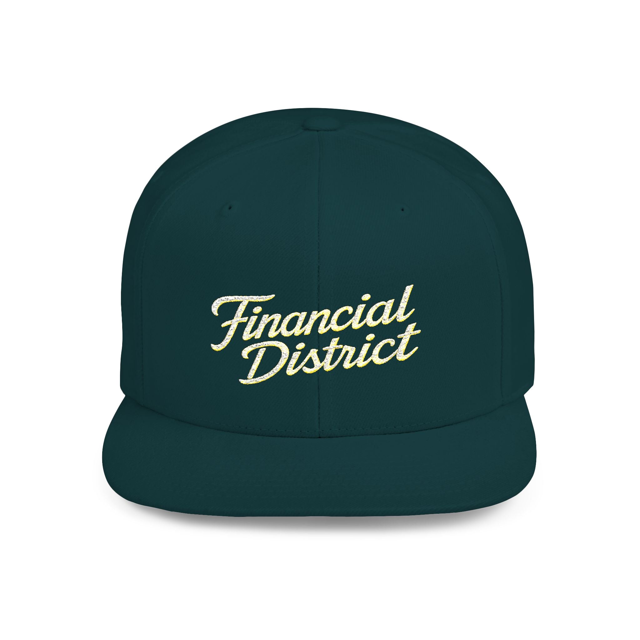 Flat Bill Snapback Hat — "Financial District" Script Embroidered Cap