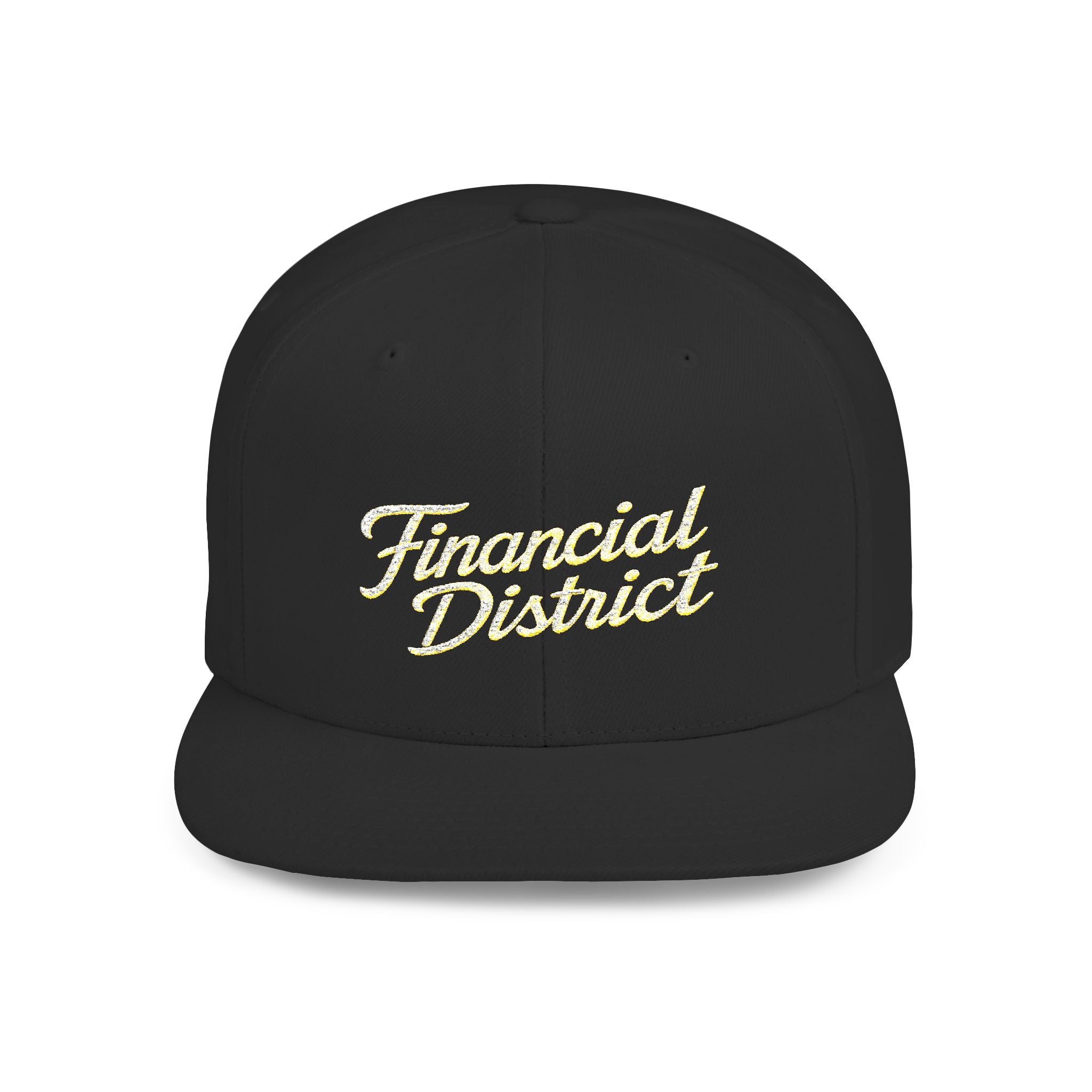 Flat Bill Snapback Hat — "Financial District" Script Embroidered Cap