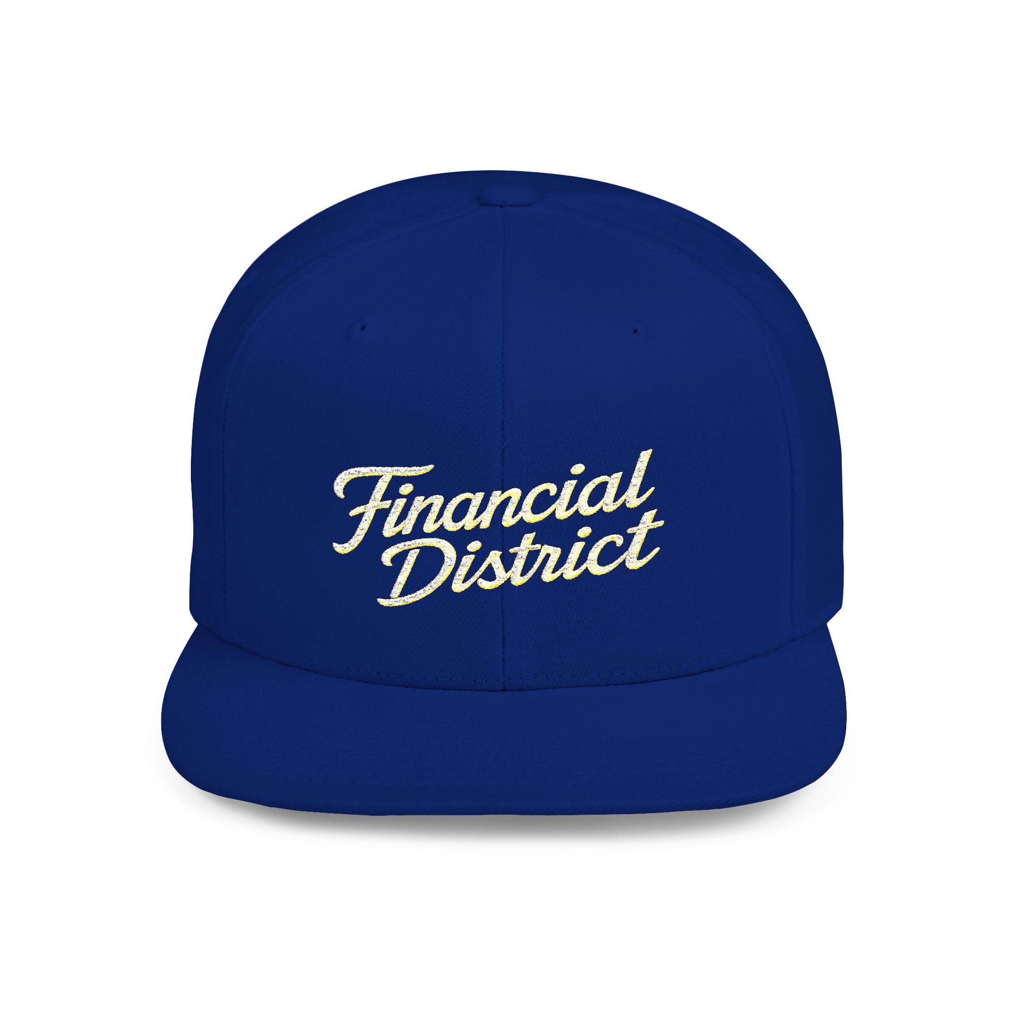 Flat Bill Snapback Hat — "Financial District" Script Embroidered Cap